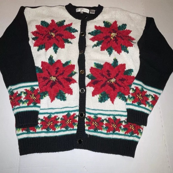 Ugly Christmas Sweater Poinsettias Cardigan Vintage High Gate Ltd Size M - Picture 1 of 6